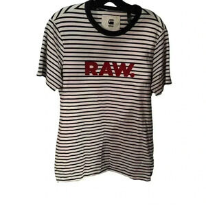 GStar Raw Unisex T -Shirt Navy & white striped red logo crew neck tee shirt sz M